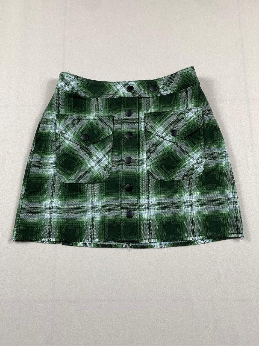 Green Plaid Button-Front Mini Skirt